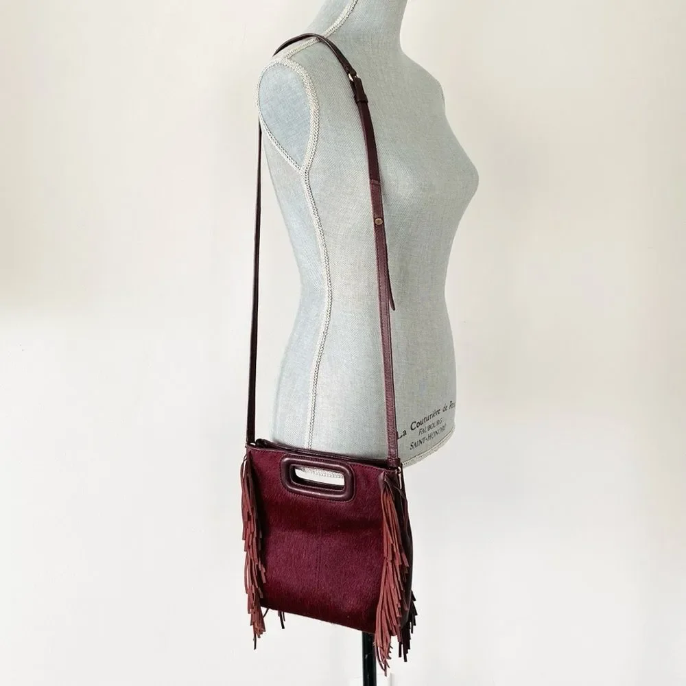 Maje Maroon Burgundy Cowhide Fringe Bag Crossbody Clutch Bag Boho Chic Festival